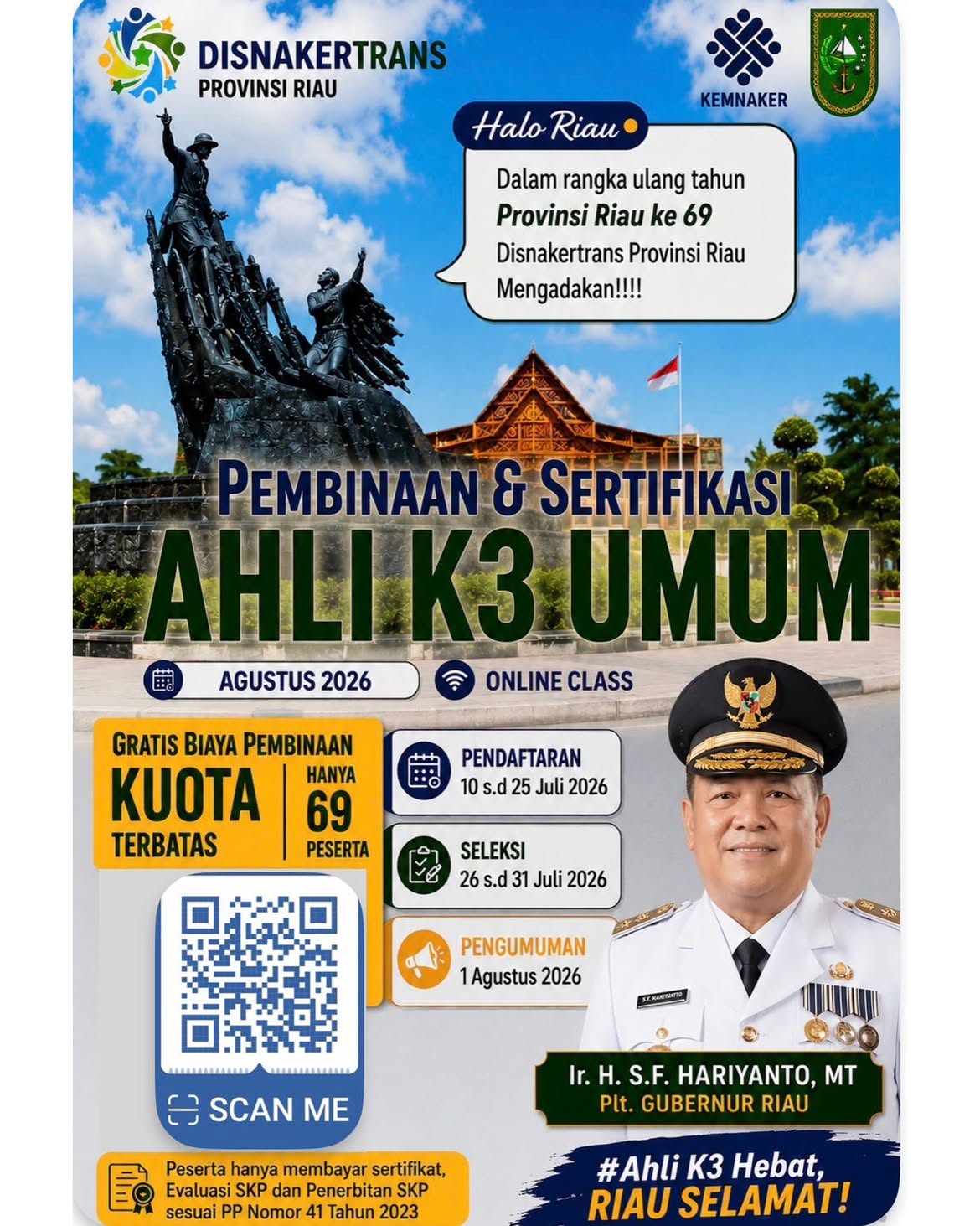 Kado Hari Jadi Riau: 69 Putra-Putri Terbaik Berkesempatan Raih Sertifikat K3 Umum